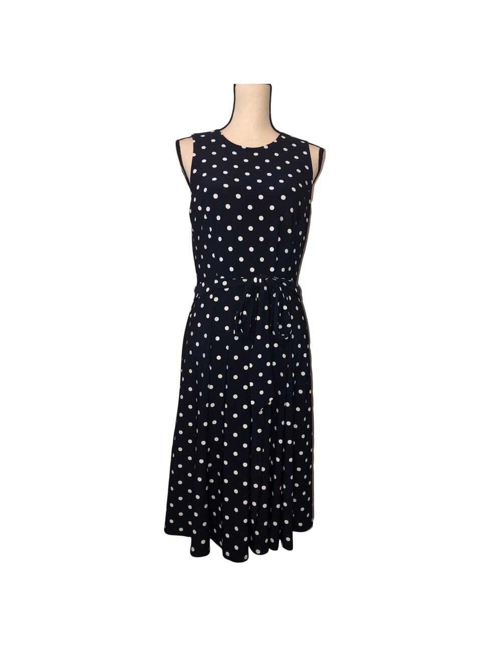 Ralph Lauren Navy Polka Dot Fit Flare Midi Dress Belt Size 10 Wedding Guest LRL